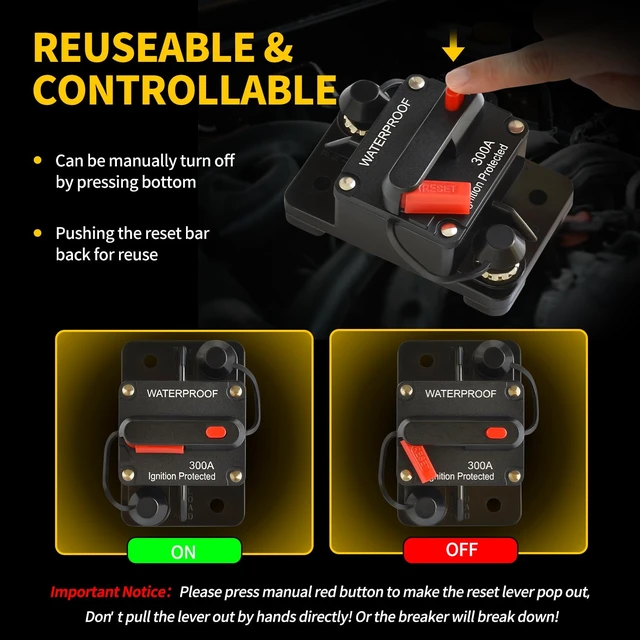 Alt view image 4 of 7 - 4-Pack 300Amp DC Circuit Breaker, 12V-48V, IP67 Waterproof with Manual Reset for Marine, RV & Solar