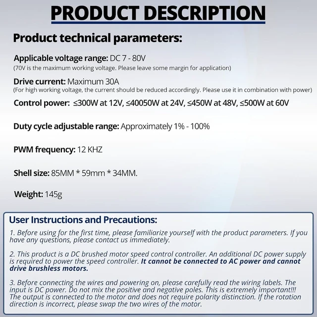 Alt view image 6 of 7 - 3-Pack 7-70V 30A PWM DC Motor Speed Controller, 12V-48V Adjustable