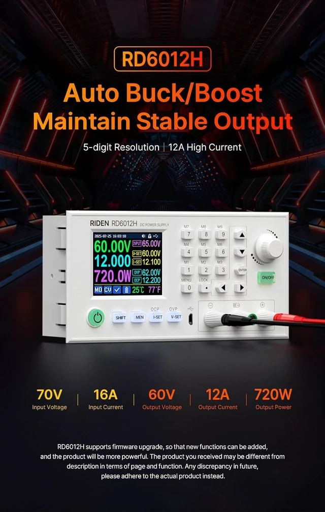 Main image of Ruideng RD6012H Adjustable DC Power Supply, 0-60V/12A 720W, Buck-Boost with Digital Display & PC Control