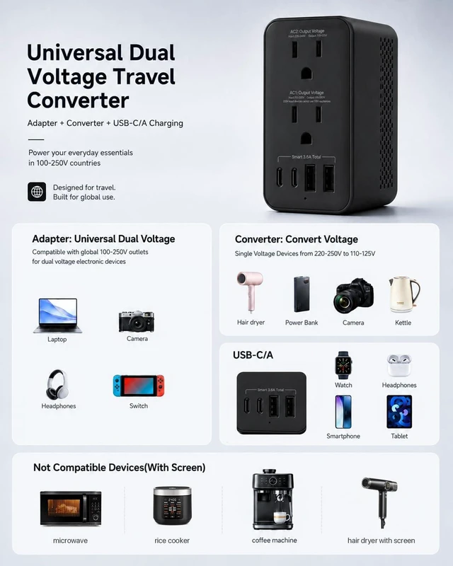 Alt view image 3 of 7 - 2000W 220V to 110V Voltage Converter for Hair Dryer & European Travel, 6-in-1 with 4 Plugs