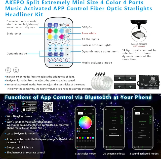 Alt view image 3 of 7 - 6.5ft 1200pcs 4-Color Fiber Optic Starlight Headliner Kit, 4-Port Music Sync with APP & Remote