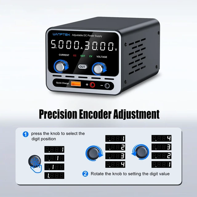 Alt view image 2 of 7 - 0-30V/0-5A Adjustable DC Power Supply with 4-Digit LED Display & 18W USB Port for Lab & Repair