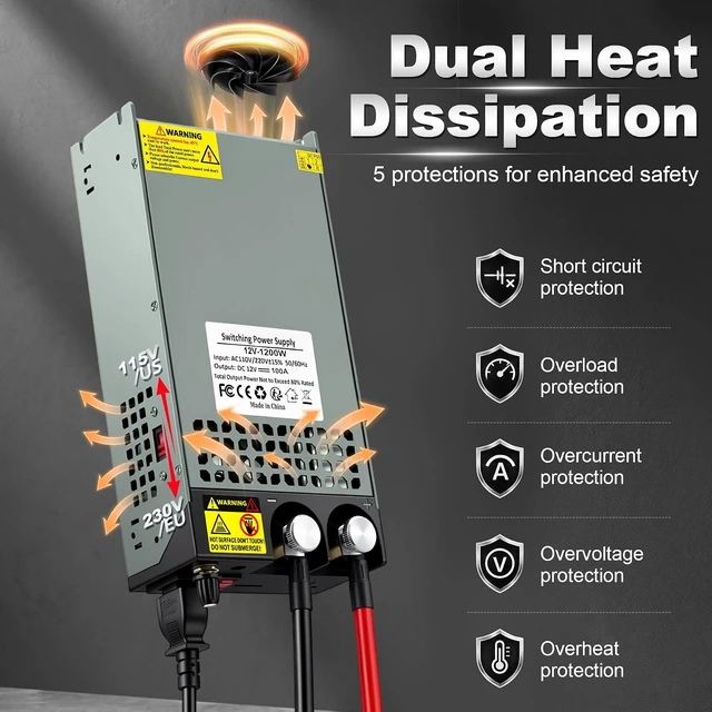 Alt view image 3 of 7 - 6-12V 100A 1200W Adjustable AC-to-DC Power Supply