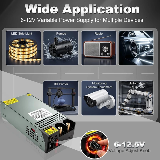 Alt view image 7 of 7 - 6-12V 100A 1200W Adjustable AC-to-DC Power Supply