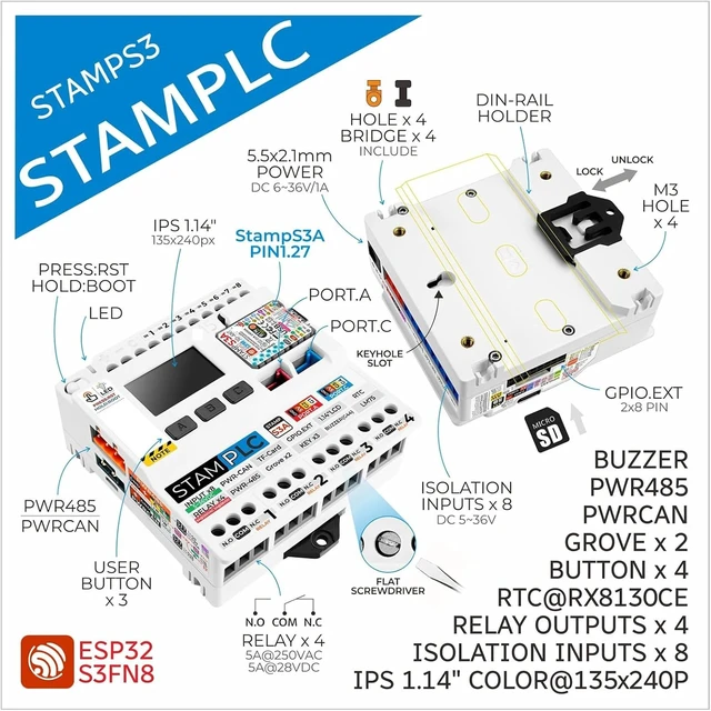 Alt view image 2 of 7 - M5Stack StampS3 PLC Module, Industrial Automation Controller