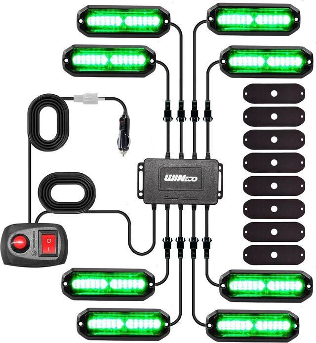 Main image of 8-Pack 12V LED Strobe Lights, Green, Sync Feature with Controller for Trucks, ATV & RV