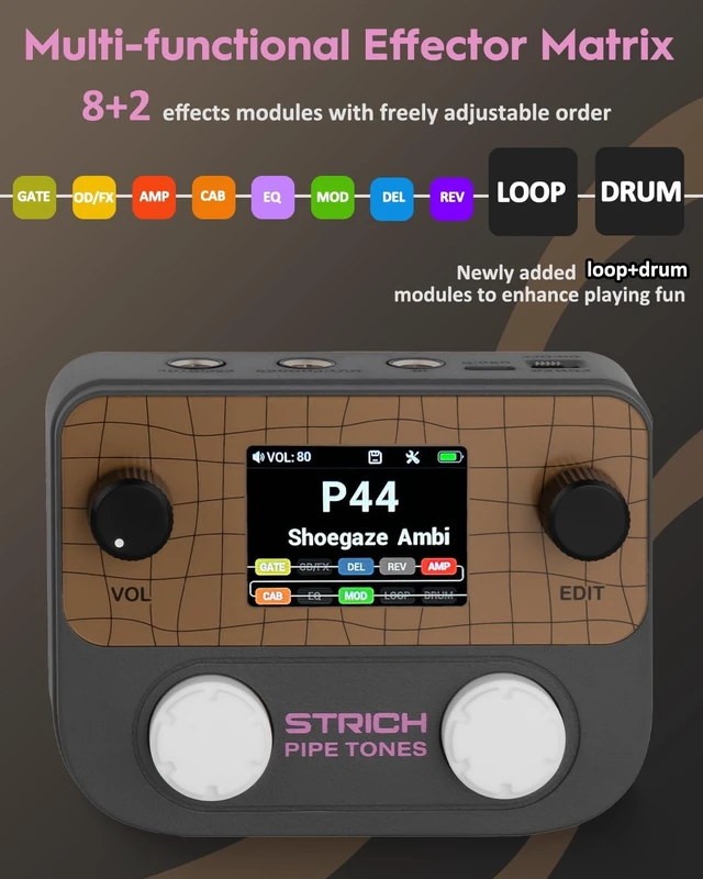 Alt view image 2 of 7 - Pipe Tones Pocket Multi-Effects Processor for Guitar & Bass, 125 Effects, 40s Looper & 100 Drum Patterns, Dark Gray