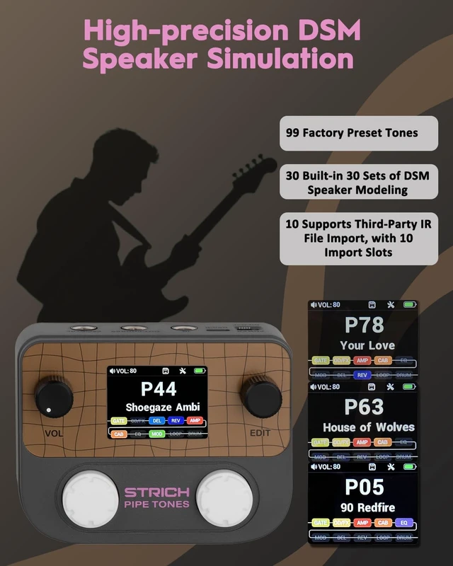 Alt view image 4 of 7 - Pipe Tones Pocket Multi-Effects Processor for Guitar & Bass, 125 Effects, 40s Looper & 100 Drum Patterns, Dark Gray