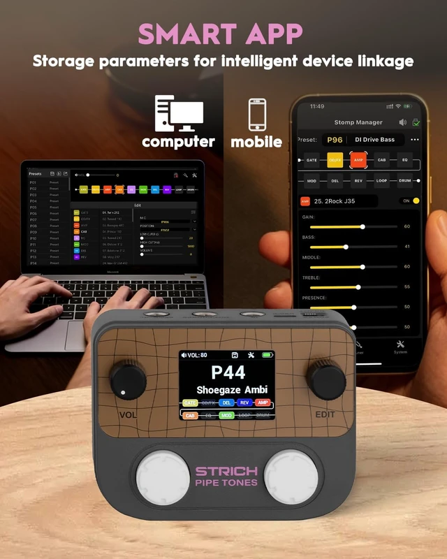 Alt view image 6 of 7 - Pipe Tones Pocket Multi-Effects Processor for Guitar & Bass, 125 Effects, 40s Looper & 100 Drum Patterns, Dark Gray