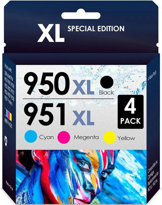 Main image of Compatible Replacement for 950/951XL. Works for Officejet Pro 8600 8610 8620 8615 8630 Printers. 4 Pack (Black, Cyan, Magenta, Yellow)