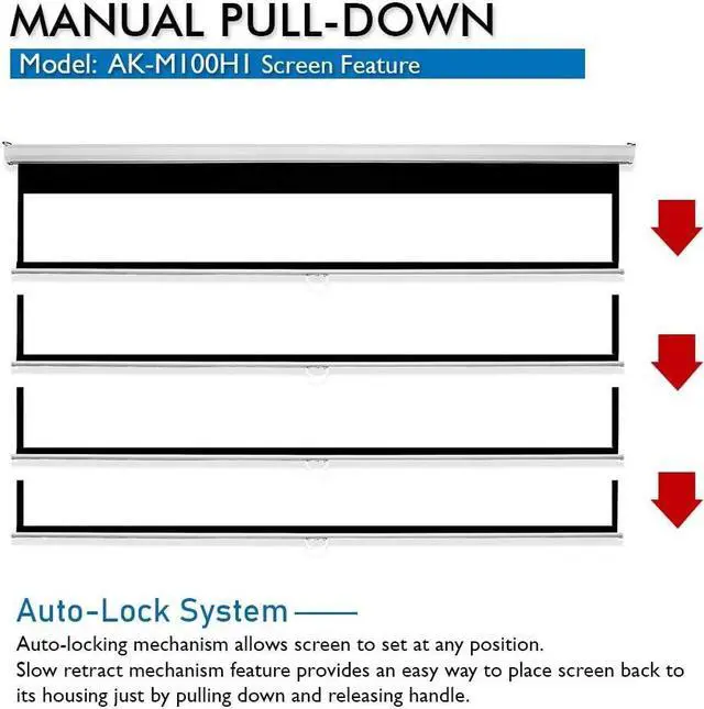 Alt view image 4 of 5 - Screens 100 inch Projector Screen Pull Down Manual B 16:9 8K 4K HD 3D Ceiling Wall Mount White Portable Projection Screen Retractable Auto Locking for Indoor Movie Home Theater Office AK-M100H1
