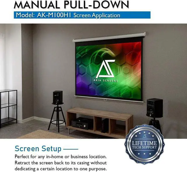 Alt view image 5 of 5 - Screens 100 inch Projector Screen Pull Down Manual B 16:9 8K 4K HD 3D Ceiling Wall Mount White Portable Projection Screen Retractable Auto Locking for Indoor Movie Home Theater Office AK-M100H1