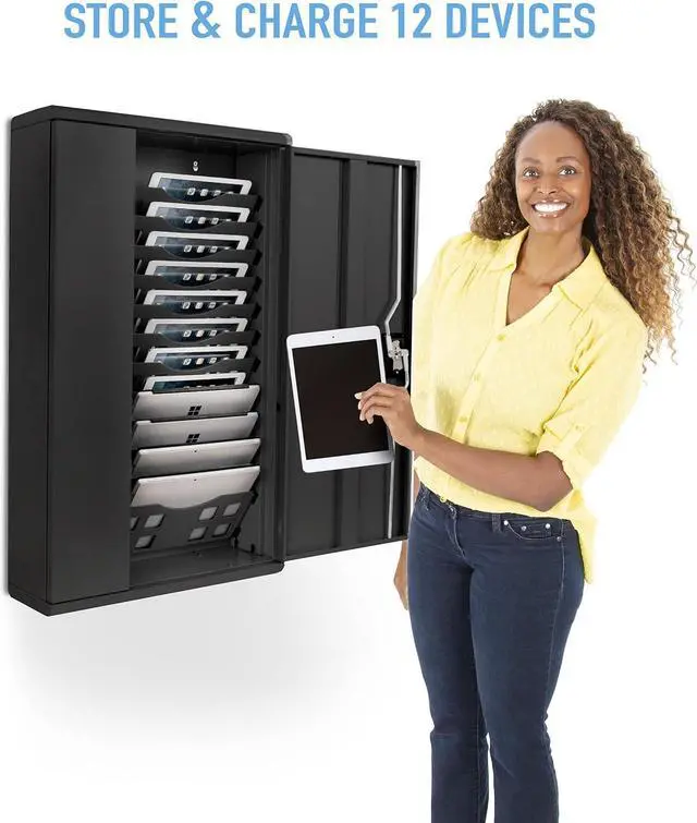 Alt view image 3 of 6 - Wall Mount Charging Station | Locking Security Cabinet Charges 12 Devices | Compatible with Tablets & Chromebooks | Charging Cart for School, Office, Healthcare & More (Black/20.75 x 35)