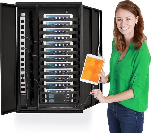 Alt view image 2 of 6 - Wall Mount Charging Station | Locking Security Cabinet Charges 12 Devices | Compatible with Tablets & Chromebooks | Charging Cart for School, Office, Healthcare & More (Black/20.75 x 35)