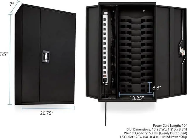 Main image of Wall Mount Charging Station | Locking Security Cabinet Charges 12 Devices | Compatible with Tablets & Chromebooks | Charging Cart for School, Office, Healthcare & More (Black/20.75 x 35)