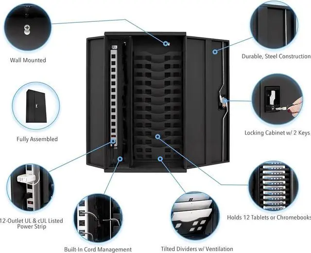 Alt view image 4 of 6 - Wall Mount Charging Station | Locking Security Cabinet Charges 12 Devices | Compatible with Tablets & Chromebooks | Charging Cart for School, Office, Healthcare & More (Black/20.75 x 35)