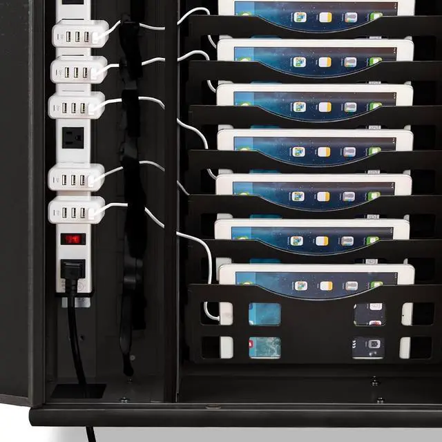 Alt view image 5 of 6 - Wall Mount Charging Station | Locking Security Cabinet Charges 12 Devices | Compatible with Tablets & Chromebooks | Charging Cart for School, Office, Healthcare & More (Black/20.75 x 35)