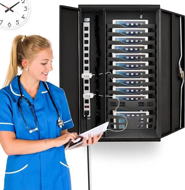 Alt view image 6 of 6 - Wall Mount Charging Station | Locking Security Cabinet Charges 12 Devices | Compatible with Tablets & Chromebooks | Charging Cart for School, Office, Healthcare & More (Black/20.75 x 35)