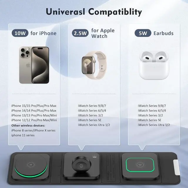 Alt view image 2 of 7 - Wireless Charger for iPhone - 3 in 1 Charging Station for Apple Multiple Devices, Foldable Magnetic Mag-Safe Travel Charging Pad for iPhone 15 14 13 12 Pro Max Plus iwatch Watch & Airpods
