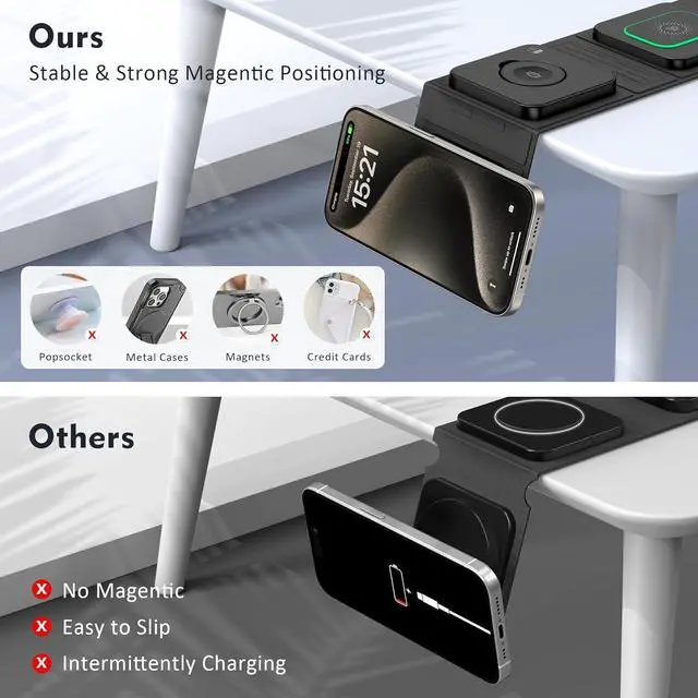 Alt view image 4 of 7 - Wireless Charger for iPhone - 3 in 1 Charging Station for Apple Multiple Devices, Foldable Magnetic Mag-Safe Travel Charging Pad for iPhone 15 14 13 12 Pro Max Plus iwatch Watch & Airpods