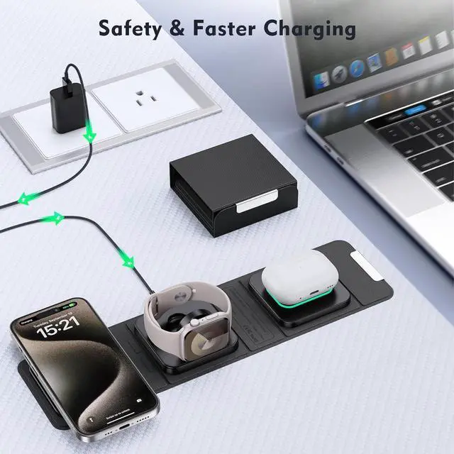 Alt view image 6 of 7 - Wireless Charger for iPhone - 3 in 1 Charging Station for Apple Multiple Devices, Foldable Magnetic Mag-Safe Travel Charging Pad for iPhone 15 14 13 12 Pro Max Plus iwatch Watch & Airpods