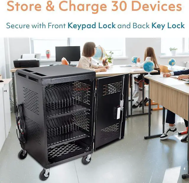 Alt view image 2 of 7 - 30 Bay Charging Cart for Tablets, Laptop, and Chromebook, Classroom Charging Station with Keypad Lock and Charger Storage, Laptop Locking Station for School, Classroom, Library, Office and More(Black)