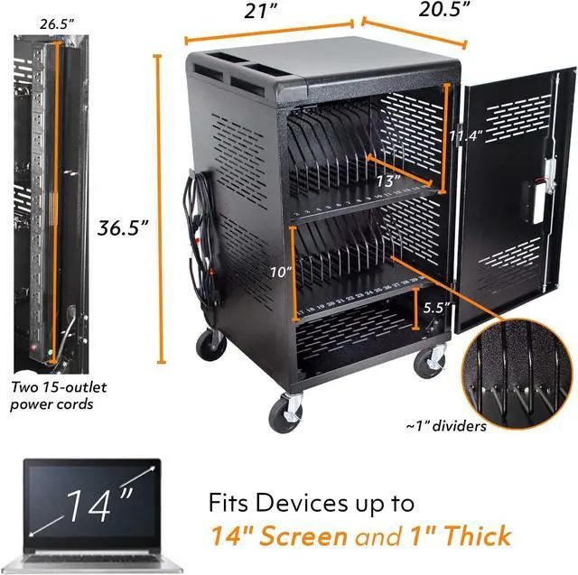 Alt view image 3 of 7 - 30 Bay Charging Cart for Tablets, Laptop, and Chromebook, Classroom Charging Station with Keypad Lock and Charger Storage, Laptop Locking Station for School, Classroom, Library, Office and More(Black)