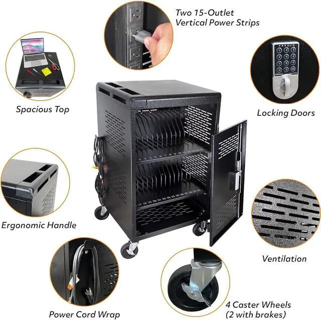 Alt view image 4 of 7 - 30 Bay Charging Cart for Tablets, Laptop, and Chromebook, Classroom Charging Station with Keypad Lock and Charger Storage, Laptop Locking Station for School, Classroom, Library, Office and More(Black)