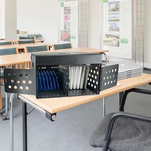 Alt view image 2 of 7 - 16-Device Locking Tablet Charging Station - Classroom Charging Station for 16 Chromebook Tablet Laptop - Metal Laptop Charging Cart with Cable Management and Charger Organization (Black)
