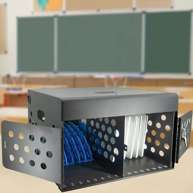 Alt view image 7 of 7 - 16-Device Locking Tablet Charging Station - Classroom Charging Station for 16 Chromebook Tablet Laptop - Metal Laptop Charging Cart with Cable Management and Charger Organization (Black)