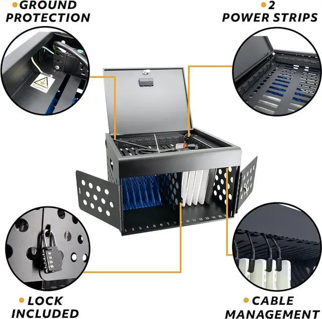 Alt view image 3 of 7 - 16-Device Locking Tablet Charging Station - Classroom Charging Station for 16 Chromebook Tablet Laptop - Metal Laptop Charging Cart with Cable Management and Charger Organization (Black)