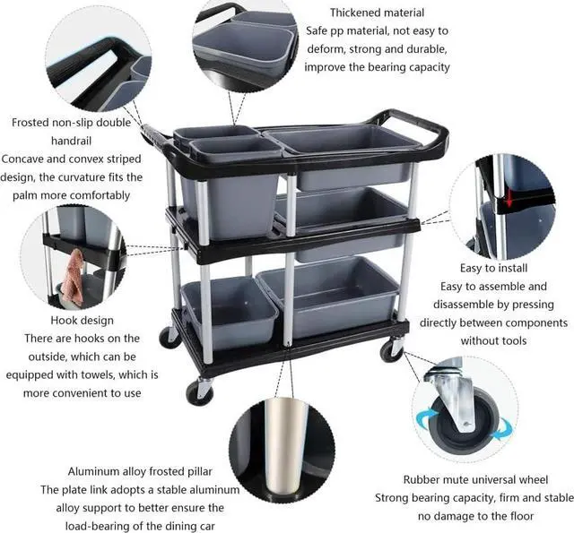 Alt view image 5 of 6 - Storage Cart 3 Tier Heavy Duty Commercial Grade Utility Cart,Dish Cart for Restaurant,Multi-Function Mobile Shelving Unit Organizer for Hotel,Restaurant,Kitchen,Laundry Room(Size : 88 * 46.5 * 94 cm)