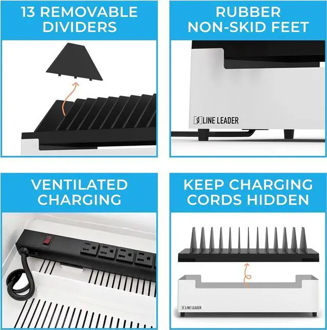 Alt view image 4 of 7 - Open Charging Station | Desktop Charger Station for 12 Laptops, Tablets & Chromebooks | Adjustable Ventilated Dividers & Surge Protection | Charging Cart for School, Office, Home
