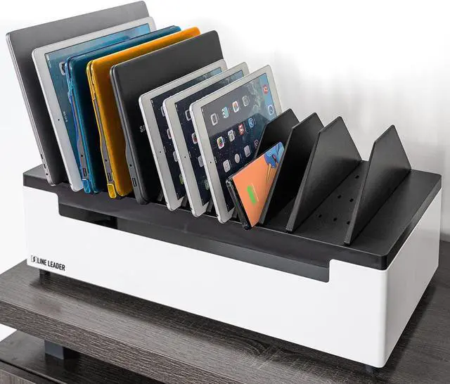 Main image of Open Charging Station | Desktop Charger Station for 12 Laptops, Tablets & Chromebooks | Adjustable Ventilated Dividers & Surge Protection | Charging Cart for School, Office, Home