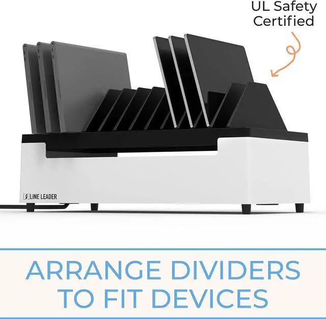 Alt view image 7 of 7 - Open Charging Station | Desktop Charger Station for 12 Laptops, Tablets & Chromebooks | Adjustable Ventilated Dividers & Surge Protection | Charging Cart for School, Office, Home