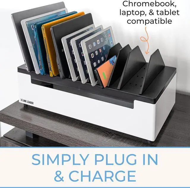 Alt view image 5 of 7 - Open Charging Station | Desktop Charger Station for 12 Laptops, Tablets & Chromebooks | Adjustable Ventilated Dividers & Surge Protection | Charging Cart for School, Office, Home