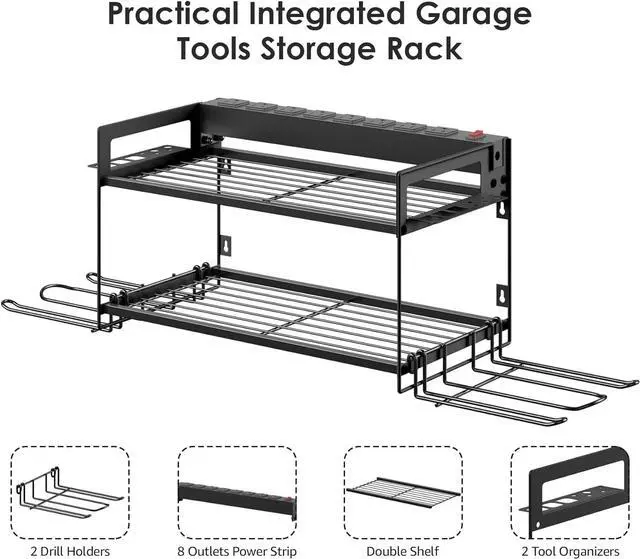 Alt view image 4 of 7 - Garage Tools Storage with Charging Station. Power Tool Battery Organizer Utility Shelf with Power Strip. 4 Drills Holder Wall Mount Rack, Black.