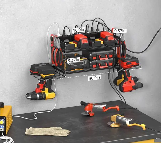 Alt view image 6 of 7 - Garage Tools Storage with Charging Station. Power Tool Battery Organizer Utility Shelf with Power Strip. 4 Drills Holder Wall Mount Rack, Black.