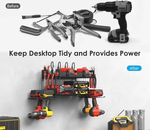 Alt view image 7 of 7 - Garage Tools Storage with Charging Station. Power Tool Battery Organizer Utility Shelf with Power Strip. 4 Drills Holder Wall Mount Rack, Black.
