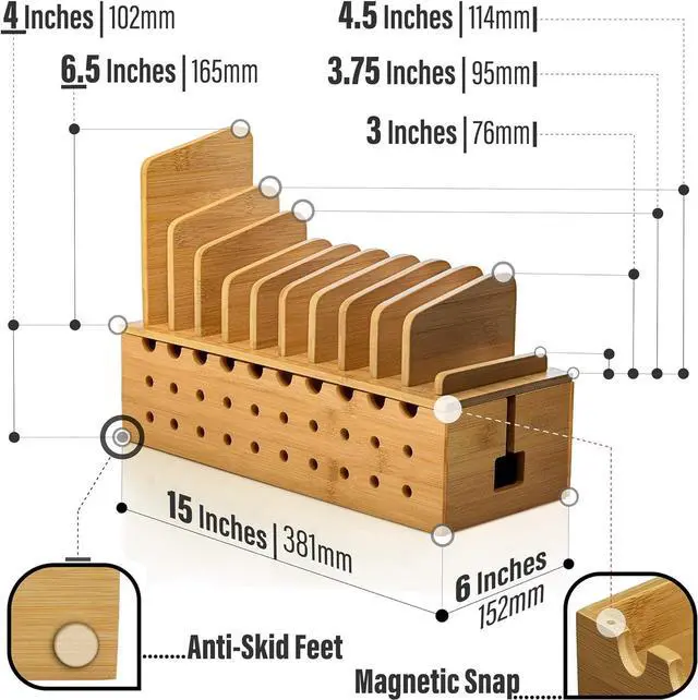 Alt view image 2 of 7 - 10 Device Bamboo Cell Phone Charging Stations Dock | Clutter Organizer/Charging Stand for Multiple Devices | Desk Rack Compatible with iPhone, Laptops Tablets