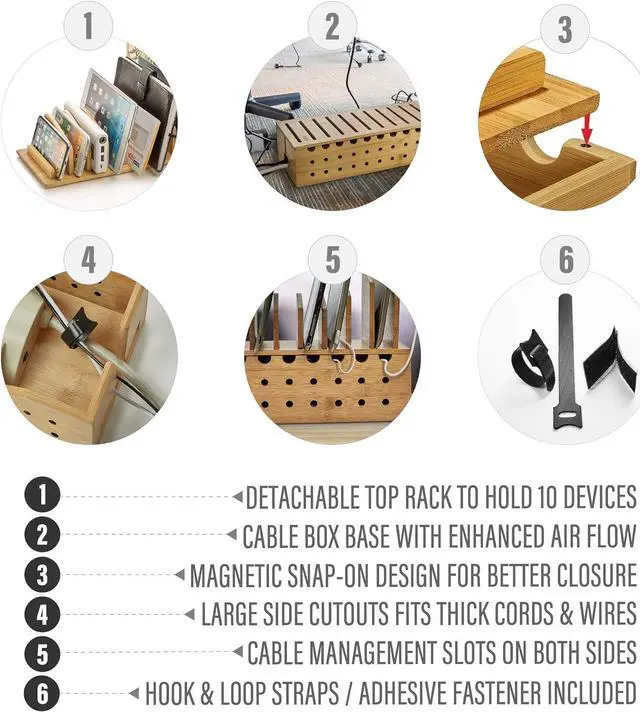 Alt view image 3 of 7 - 10 Device Bamboo Cell Phone Charging Stations Dock | Clutter Organizer/Charging Stand for Multiple Devices | Desk Rack Compatible with iPhone, Laptops Tablets