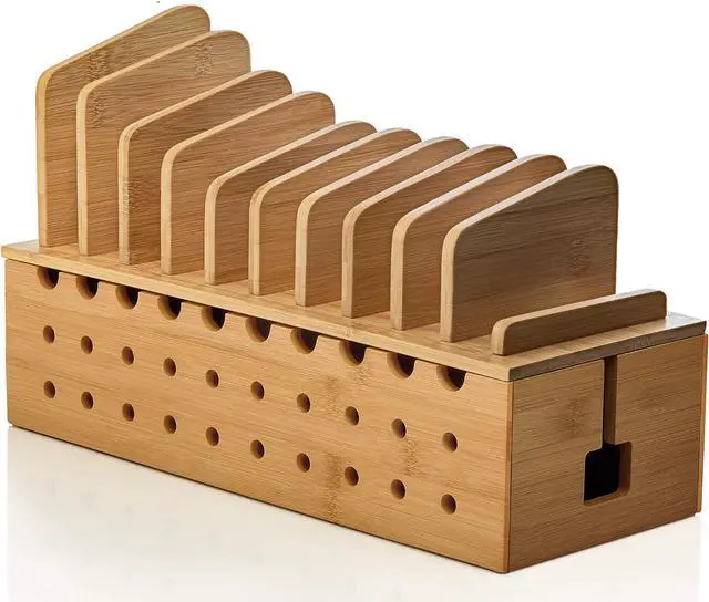 Main image of 10 Device Bamboo Cell Phone Charging Stations Dock | Clutter Organizer/Charging Stand for Multiple Devices | Desk Rack Compatible with iPhone, Laptops Tablets