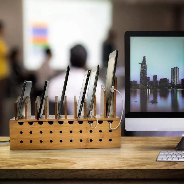 Alt view image 4 of 7 - 10 Device Bamboo Cell Phone Charging Stations Dock | Clutter Organizer/Charging Stand for Multiple Devices | Desk Rack Compatible with iPhone, Laptops Tablets