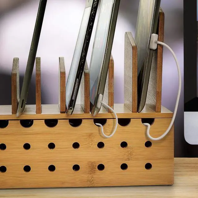 Alt view image 5 of 7 - 10 Device Bamboo Cell Phone Charging Stations Dock | Clutter Organizer/Charging Stand for Multiple Devices | Desk Rack Compatible with iPhone, Laptops Tablets