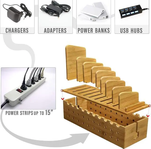 Alt view image 6 of 7 - 10 Device Bamboo Cell Phone Charging Stations Dock | Clutter Organizer/Charging Stand for Multiple Devices | Desk Rack Compatible with iPhone, Laptops Tablets