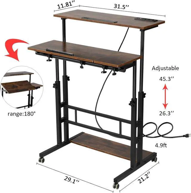 Alt view image 5 of 7 - Mobile Standing Desk Adjustable Height, Rolling Desk Stand Up Desk, Mobile Laptop Desk, Rolling Computer Desk with Charging Station, Portable Desk with Wheels, Rustic Brown