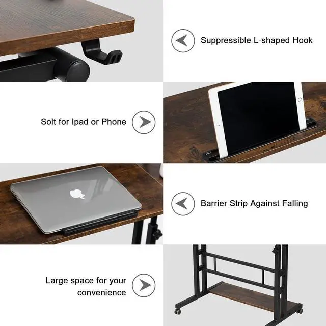 Alt view image 6 of 7 - Mobile Standing Desk Adjustable Height, Rolling Desk Stand Up Desk, Mobile Laptop Desk, Rolling Computer Desk with Charging Station, Portable Desk with Wheels, Rustic Brown