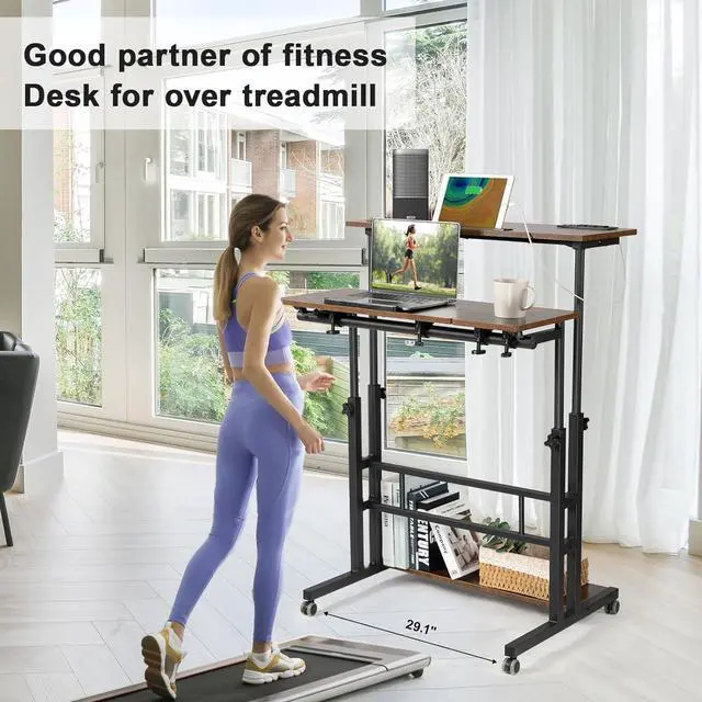 Alt view image 4 of 7 - Mobile Standing Desk Adjustable Height, Rolling Desk Stand Up Desk, Mobile Laptop Desk, Rolling Computer Desk with Charging Station, Portable Desk with Wheels, Rustic Brown