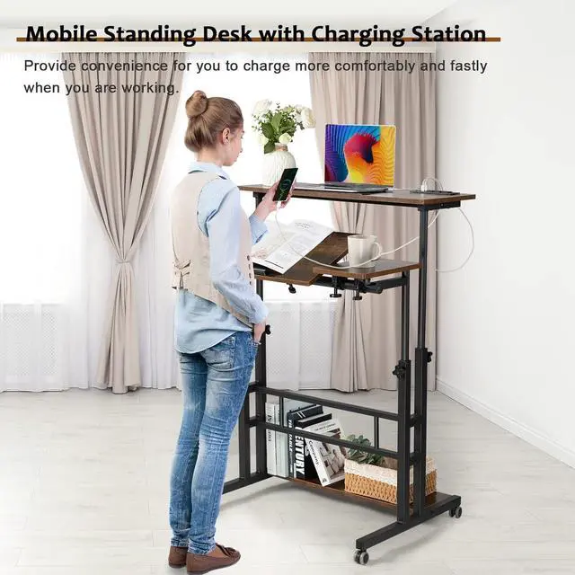 Alt view image 2 of 7 - Mobile Standing Desk Adjustable Height, Rolling Desk Stand Up Desk, Mobile Laptop Desk, Rolling Computer Desk with Charging Station, Portable Desk with Wheels, Rustic Brown