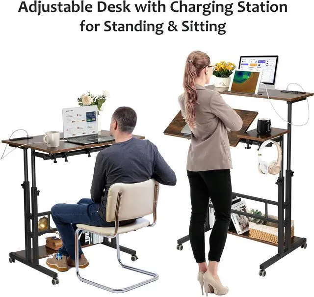 Alt view image 7 of 7 - Mobile Standing Desk Adjustable Height, Rolling Desk Stand Up Desk, Mobile Laptop Desk, Rolling Computer Desk with Charging Station, Portable Desk with Wheels, Rustic Brown